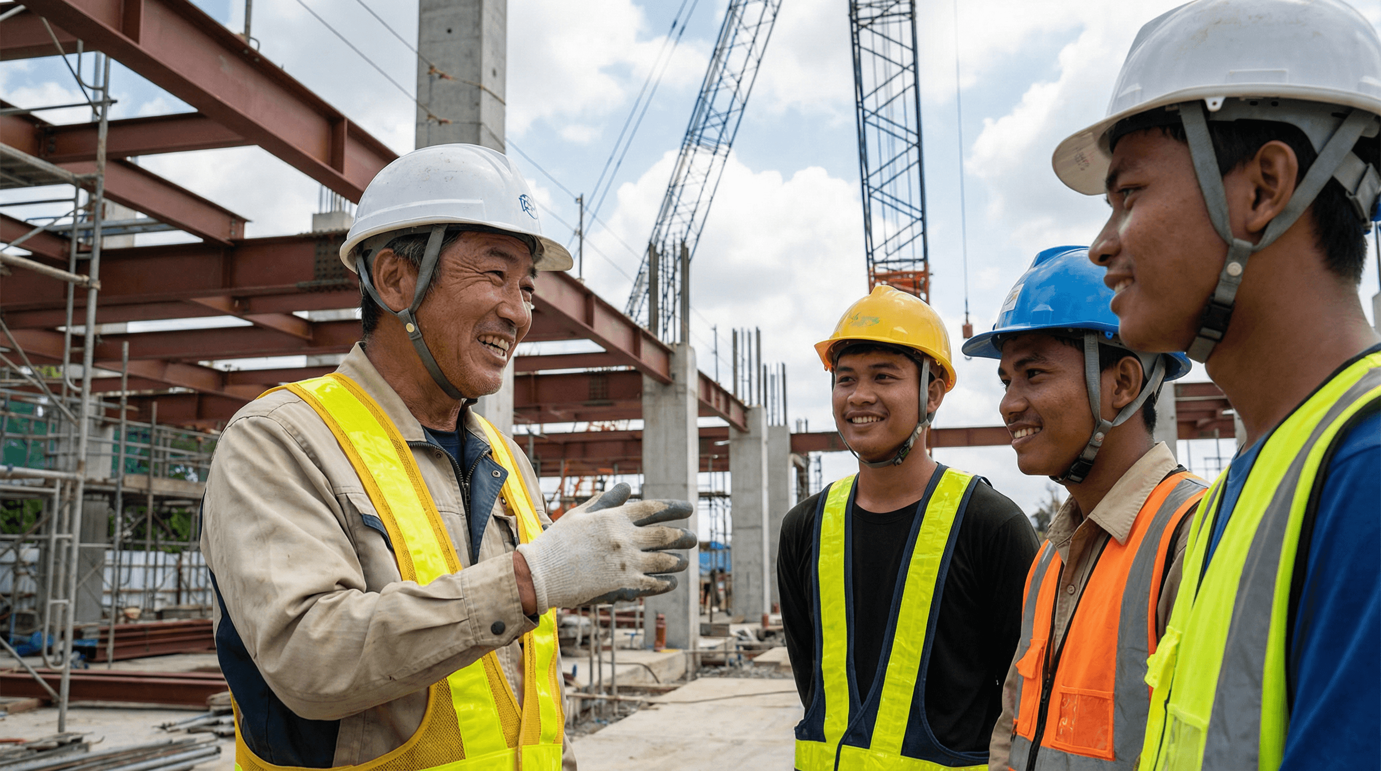 建設現場で実習生3名と笑顔で談笑する現場監督