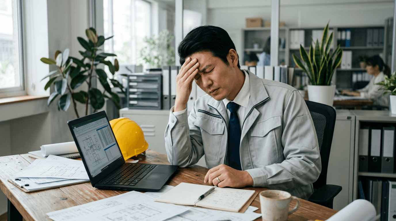 人手不足や書類・業務に悩み、オフィスで頭を抱える技術者